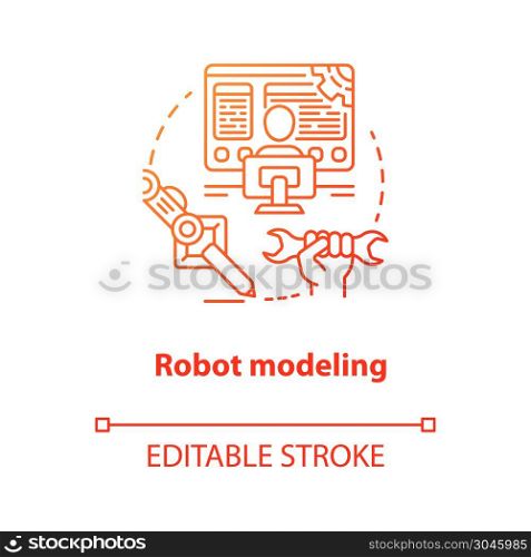Robot modeling red concept icon. Creating computers idea thin line illustration. Making design of electronics, devices. Developing robotics. Vector isolated outline drawing. Editable stroke