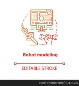 Robot modeling red concept icon. Creating computers idea thin line illustration. Making design of electronics, devices. Developing robotics. Vector isolated outline drawing. Editable stroke
