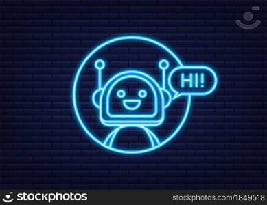 Robot neon icon. Bot sign design. Chatbot symbol concept. Voice support service bot. Online support bot. Vector illustration. Robot neon icon. Bot sign design. Chatbot symbol concept. Voice support service bot. Online support bot. Vector illustration.