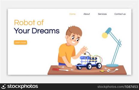 Robot of your dreams landing page vector template. Electronic constructor website interface idea with flat illustrations. Robotics courses homepage layout. Web banner, webpage cartoon concept