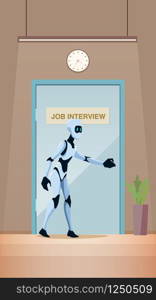 Robot on Job Interview Walk into Door at Office. Artificial Intelligence or Android in Corridor. Modern Technology. Male Bot Candidate or Applicant for Work. Flat Cartoon Vector Illustration. Robot on Job Interview Walk into Door at Office