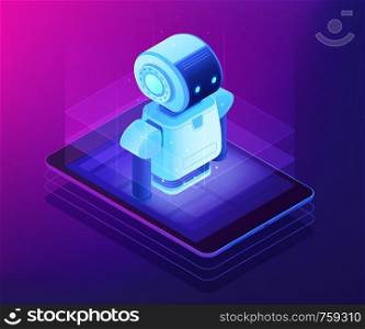 Robot on mobile phone or tablet screen. Mobile robotics and chat bot, robotics startup, robotics courses and virtual assistant concept. Ultraviolet neon vector isometric 3D illustration.. Mobile robotics concept vector isometric illustration.