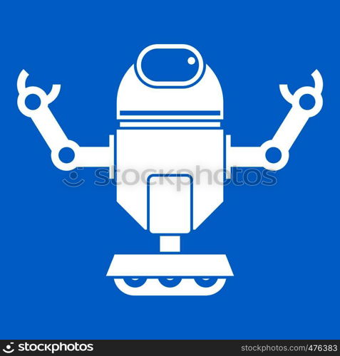 Robot on wheels icon white isolated on blue background vector illustration. Robot on wheels icon white