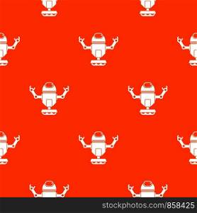 Robot on wheels pattern repeat seamless in orange color for any design. Vector geometric illustration. Robot on wheels pattern seamless