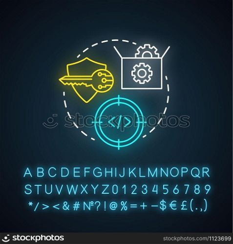 Robot operating system neon light concept icon. Robotics software idea. Information technologies and innovative programming. Glowing sign with alphabet, numbers, symbols. Vector isolated illustration