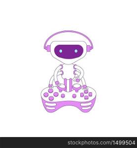 Robot playing console joystick violet linear object. Video game bot thin line symbol. Non player character, artificial intelligence technology isolated outline illustration on white background