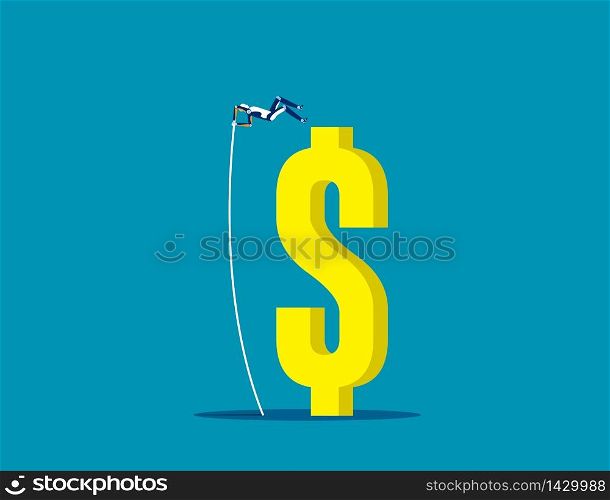 Robot pole vaulting at dollar sign. Concept business vector, Conquering adversity, Jumping.