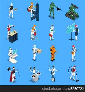 Robot Professions Isometric Set. Robot professions isometric colored icons set with cleaner worker doctor police housemaid figurines on blue background isolated vector illustration