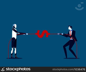 Robot pull the rope with human. Concept business vector illustration.