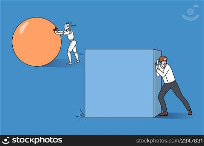 Robot push sphere leading businessman pushing box. Concept of work automatization and new modern technologies. Artificial intelligence in human job community. Vector illustration. . Robot push sphere lead businessman with box 
