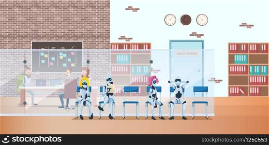 Robot Queue in Modern Office Wait Job Interview. Future Technology and Pensive Artificial Intelligence in Open Space Coworking. Bot Candidate Recruitment. Cartoon Flat Vector Illustration. Robot Queue in Modern Office Wait Job Interview