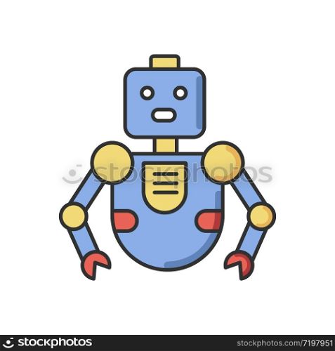Robot RGB color icon. Innovative technology. Artificial intelligence. Futuristic children toy. Cute cyborg mascot. Humanoid machine. Automated mechanism. Isolated vector illustration