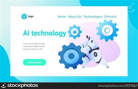 Robot rolls gear. Metaphor of AI and bots in development of technology. Technology Promotion Concept. Vector flat illustration