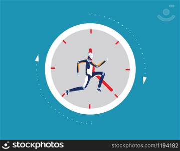 Robot running away in clock. Concept business vector illustration. Flat design style.