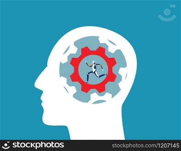 Robot running in gear inside the head. Concept business technology vector illustration. Flat design character style.
