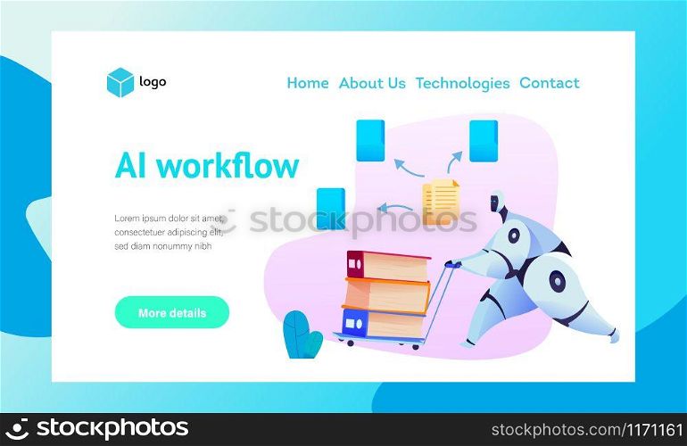 Robot runs with cart of folders sorts documents into folders. Workflow document automation metaphor using AI and bots. Concept of smart sorting documents. Vector flat illustration