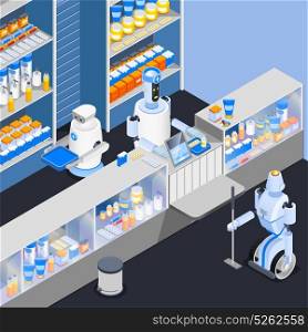Robot Service Workers Composition. Robot isometric professions composition with smart robotic store attendants at counter of household chemical goods shop vector illustration