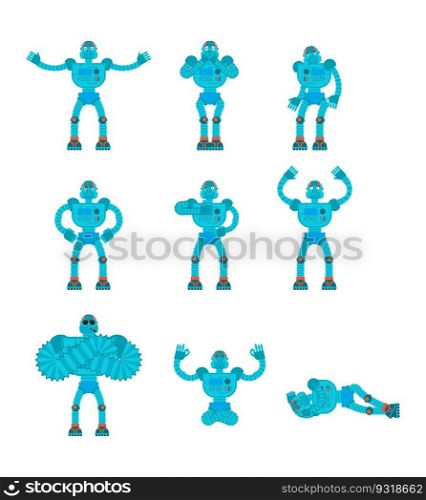 Robot set poses and motion. Robotic man happy and yoga. Cyborg sleeping and angry. guilty and sad. Vector illustration