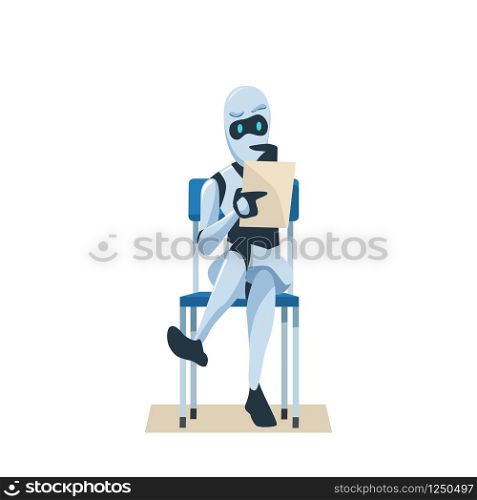 Robot Sit on Chair Hold Resume Wait Job Interview. Modern Technology and Artificial Intelligence in Office. Recruitment. Pensive Bot Candidate for Work. Flat Cartoon Vector Illustration. Robot Sit on Chair Hold Resume Wait Job Interview