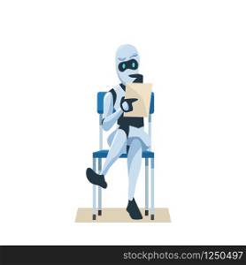 Robot Sit on Chair Hold Resume Wait Job Interview. Modern Technology and Artificial Intelligence in Office. Recruitment. Pensive Bot Candidate for Work. Flat Cartoon Vector Illustration. Robot Sit on Chair Hold Resume Wait Job Interview