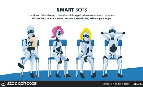 Robot Sit on Chair in Queue Wait for Job Interview. Pensive and Relaxed Artificial Intelligence with Resume. Male and Female Smart Bot Candidate. Office Recruitment. Cartoon Flat Vector Illustration. Robot Sit on Chair in Queue Wait for Job Interview