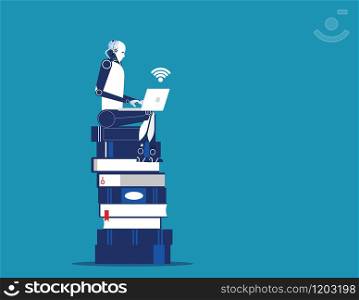 Robot sitting on knowledge baseand strategy planning. Concept business technology vector illustration.