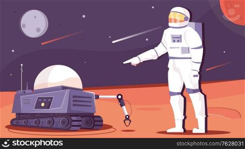 Robot space flat composition with extraterrestrial scenery and automated mars rover with astronaut character and stars vector illustration