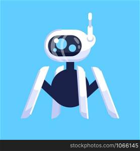 Robot spider flat vector illustration. Droid with camera on remote control. Machine robotic technology. Gadget for play, assistance. Smart cybernetic device. Isolated cartoon toy on blue background