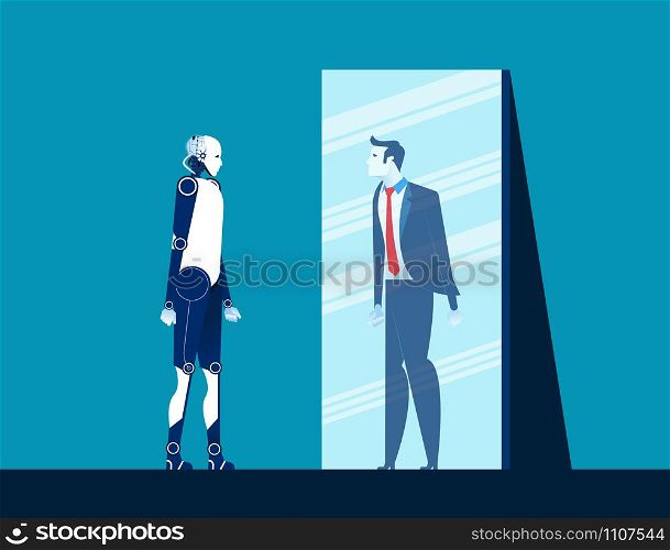 Robot standing and looking body in mirror of men reflection. Concept business vector illustration. Flat design style
