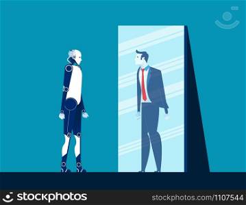 Robot standing and looking body in mirror of men reflection. Concept business vector illustration. Flat design style
