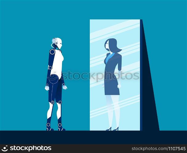 Robot standing and looking body in mirror of women reflection. Concept business vector illustration. Flat design style