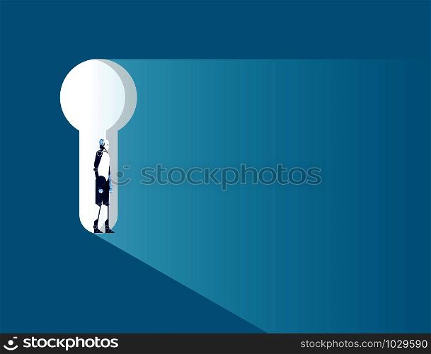 Robot standing in keyhole. Concept business vector illustration.