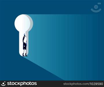 Robot standing in keyhole. Concept business vector illustration.