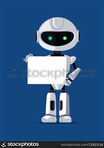 Robot stands with empty paper and showing it, cyborg with green eyes, created creature of white color, vector illustration isolated on blue background. Robot Stands with Empty Paper Vector Illustration