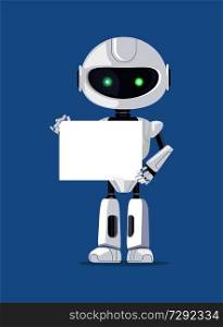 Robot stands with empty paper and showing it, cyborg with green eyes, created creature of white color, vector illustration isolated on blue background. Robot Stands with Empty Paper Vector Illustration