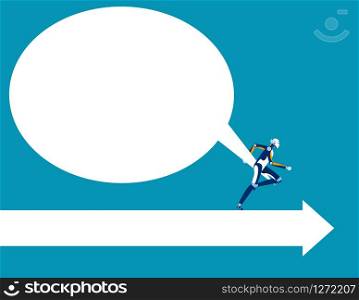 Robot struggling to pull large empty speech bubble and running the way for ward. Concept business vector illustration.