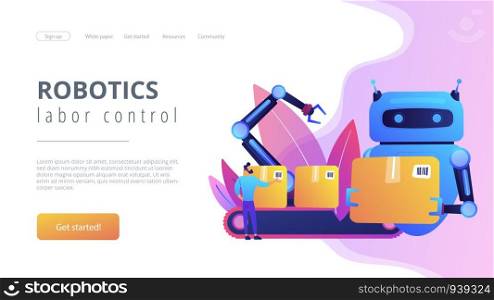 Robot substituting human working with boxes on conveyor. Labor substitution, man versus robot, robotics labor control concept. Website vibrant violet landing web page template.. Labor substitution concept landing page.