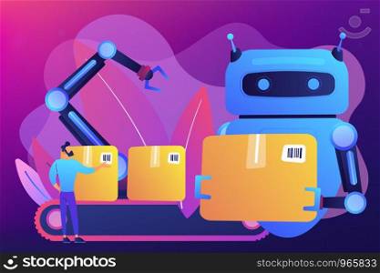 Robot substituting human working with boxes on conveyor belt and robotic arm. Labor substitution, man versus robot, robotics labor control concept. Bright vibrant violet vector isolated illustration. Labor substitution concept vector illustration.
