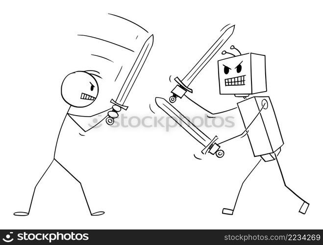 Robot sword fighting with human person, vector cartoon stick figure or character illustration.. Human Person Sword Fighting With Robot , Vector Cartoon Stick Figure Illustration