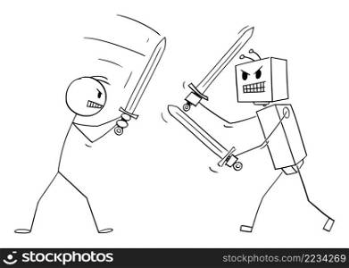 Robot sword fighting with human person, vector cartoon stick figure or character illustration.. Human Person Sword Fighting With Robot , Vector Cartoon Stick Figure Illustration
