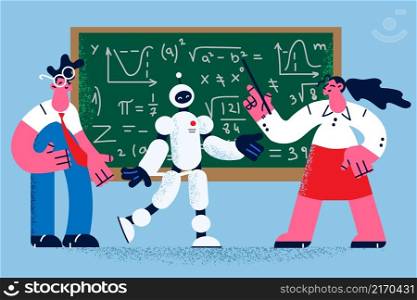 Robot teacher and students work together at blackboard at university classroom. Digital assistant and people brainstorm at board in college class. Artificial intelligence. Flat vector illustration. . Robot teacher help students at board in college