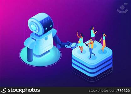 Robot touching server with users with mobile gadgets on it. Social media automation tools, marketing automation, social media management concept. Ultraviolet neon vector isometric 3D illustration.. Social media automation tools concept vector isometric illustration.