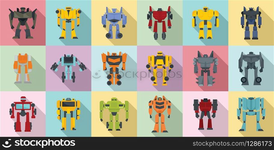 Robot-transformer icons set. Flat set of robot-transformer vector icons for web design. Robot-transformer icons set, flat style