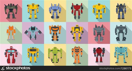 Robot-transformer icons set. Flat set of robot-transformer vector icons for web design. Robot-transformer icons set, flat style