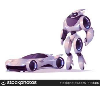 Robot transformer in form of android and car isolated on white background. Vector cartoon illustration of futuristic cyborg, mechanical soldier, cyborg character. Robot transformer in form of android and car