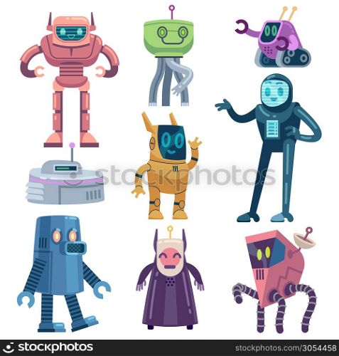 Robot. Transformer robots, modern technology android assistant. Friendly futuristic devices cartoon vector electric and mechanical machine characters. Robot. Transformer robots, modern technology android assistant. Friendly futuristic devices cartoon vector characters
