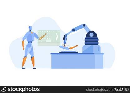 Robot using application and robotic arm to repair details. Science, technology. Flat vector illustration. Robotics concept can be used for presentations, banner, website design, landing web page
