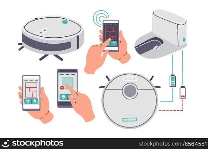Robot vacuum cleaner set flat design vector illustration, isolated on white background, doc station, app, hands holding smartphone with application