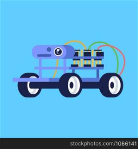 Robot vehicle flat vector illustration. Little robotic car with camera for photography or video surveillance. Smart technology. Plaything gadget. Isolated cartoon toy on blue background