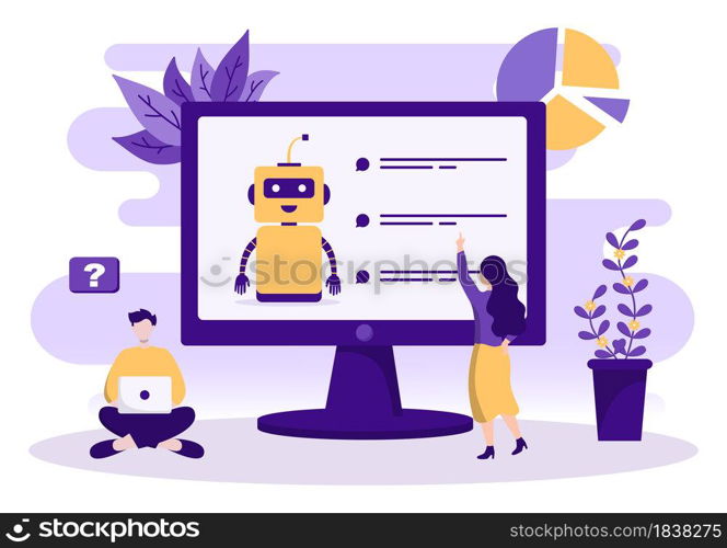 Robot Virtual Assistance or Chatbot Background Vector illustration. People smartphone conversation with Online technical support and Messaging